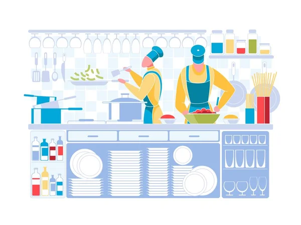 Man en vrouw in chef-kok uniform koken op keuken — Stockvector
