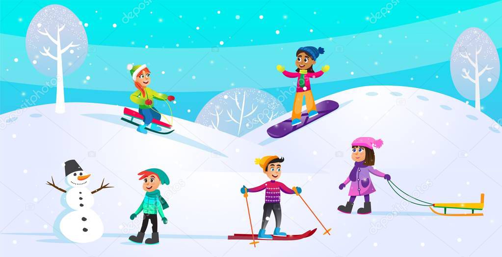 Winter Activities, Holiday Scene with Children.