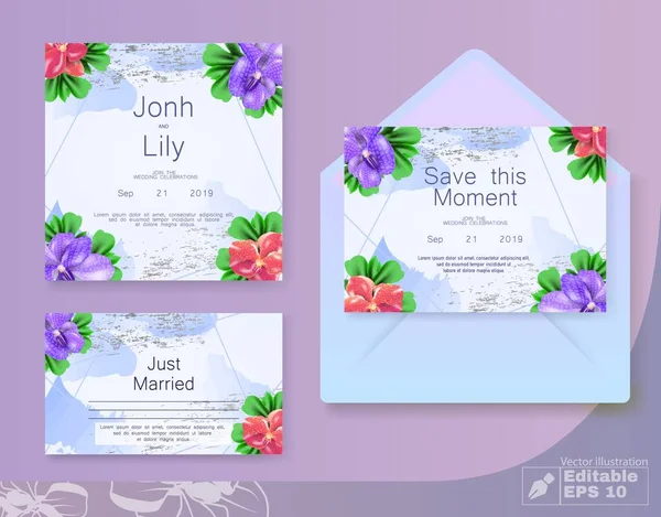 Blumen Hochzeitseinladungskarte Set mit Kuvertierung — Stockvektor