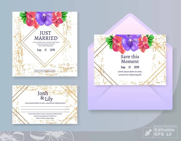 Hochzeitskarten und umhüllen mit Blumen Dekor-Set — Stockvektor
