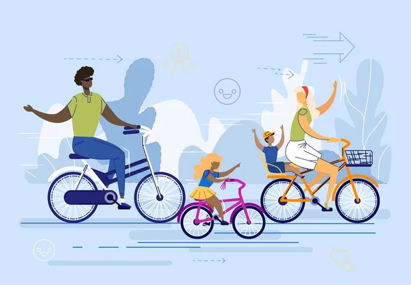 Familia Internacional, Pareja con Niños Montar en bicicleta . — Vector de stock