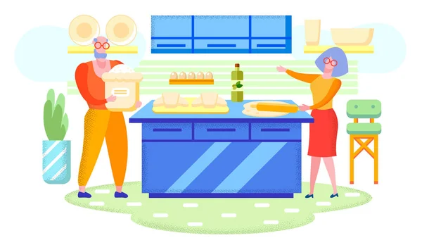 Avós Cozinhando Juntos em Casa Flat Vector —  Vetores de Stock