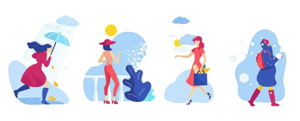 Set Mujer Diferentes estaciones y condiciones climáticas . — Vector de stock