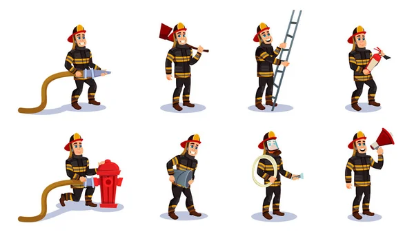 Χαρακτήρες πυροσβεστών με διάνυσμα εξοπλισμού διάσωσης. — Διανυσματικό Αρχείο