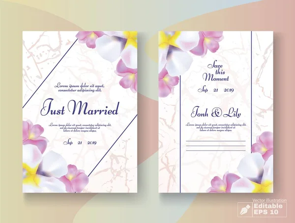 Hochzeitskarte Set mit Blume, Rahmen, Marmordesign — Stockvektor