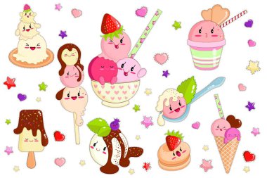Meyve ile Kawaii Karakter Gülümseyen Dondurma.