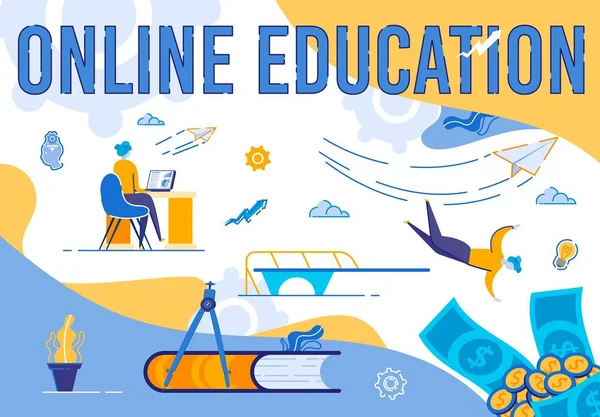 Online oktatás banner, fiatal tanulás nő — Stock Vector