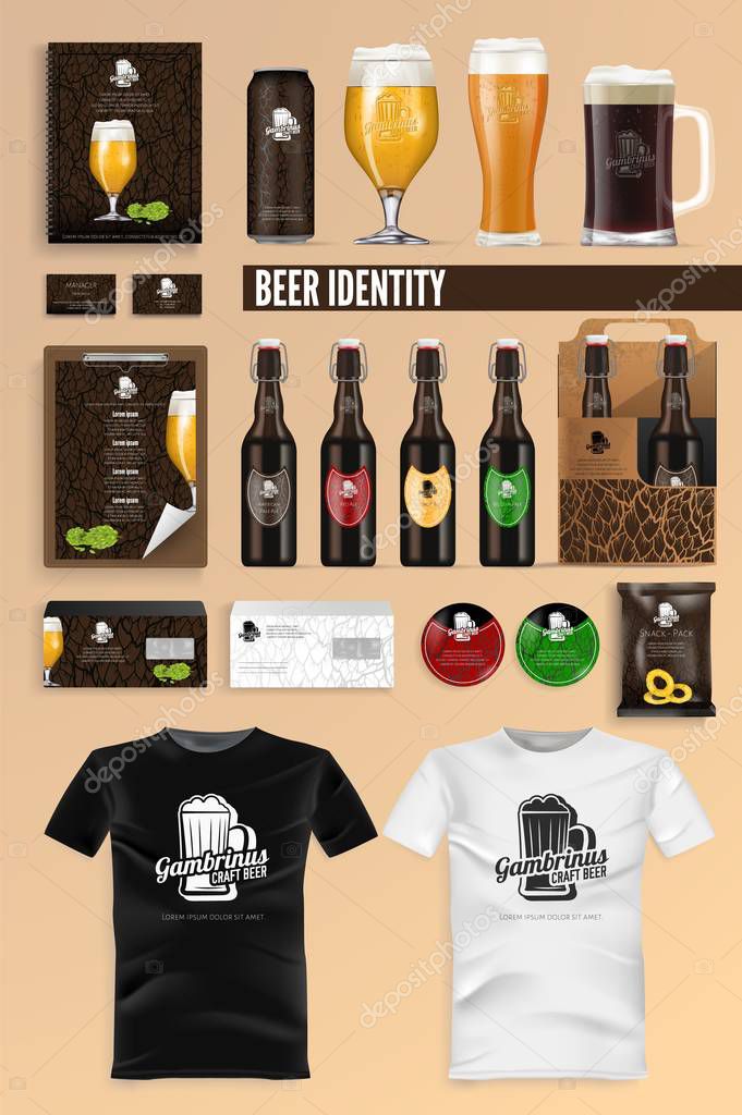 Beer Identity Flat Cartoon Vector Illustration. Shop and Restaurant Brand Mock Up Set. Dark and Light Craft Drink Bottle, Logo, Package, Menu, Business Cards. Envelopes, Stickers and Tshirts.