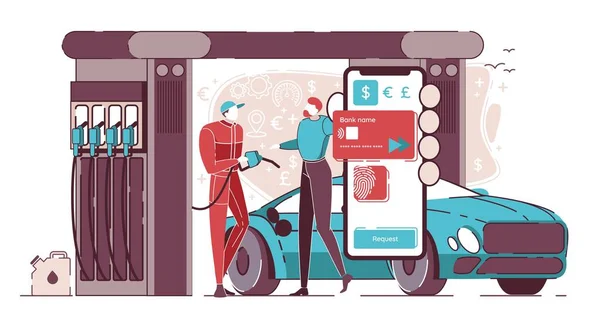 Compra de combustible con tarjeta de crédito en el teléfono móvil . — Vector de stock