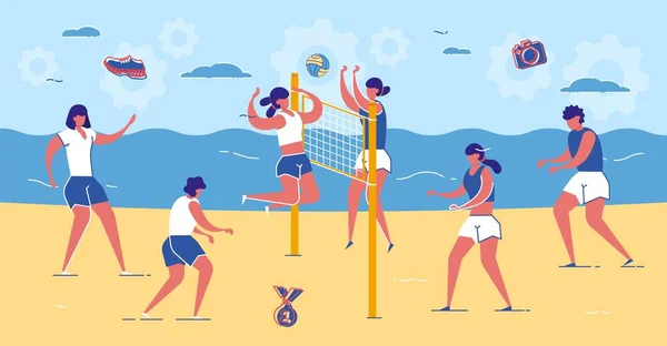 Друзі грають у волейбол на піщаному пляжі біля моря. — стоковий вектор