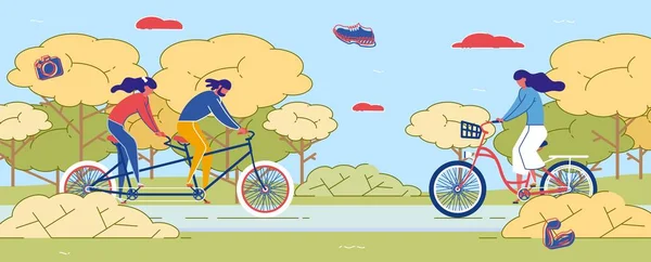 Pár jezdeckých jízdních kol v parku holka na kole. — Stockový vektor