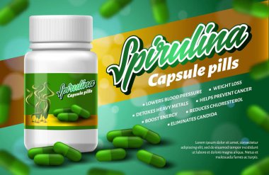 Realistic Bottle Superfood Spirulina Capsule Pills clipart
