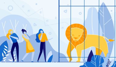 Parmaklıklar Arkasında Karikatür Aslan İnsanlar Hayvanat Bahçesi Ziyaret bak