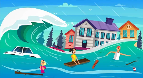 Scary Cartoon People Water Overflow Tsunami Wave