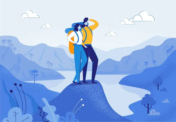 山でハイキングする若い女性と男性カップル. — ストックベクタ