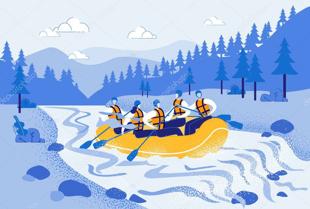 Men and Woman Rafting in Inflatable Boat Vector.