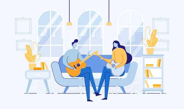 Ζευγάρι κάθεται στο δωμάτιο στον καναπέ και παίζοντας κιθάρα. — Διανυσματικό Αρχείο