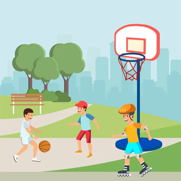 Teenageři hrají basketbal, chlapeček na kolečkových bruslích — Stockový vektor