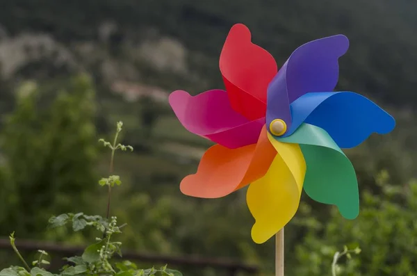 Arka planda kırsal renkli yel değirmeni