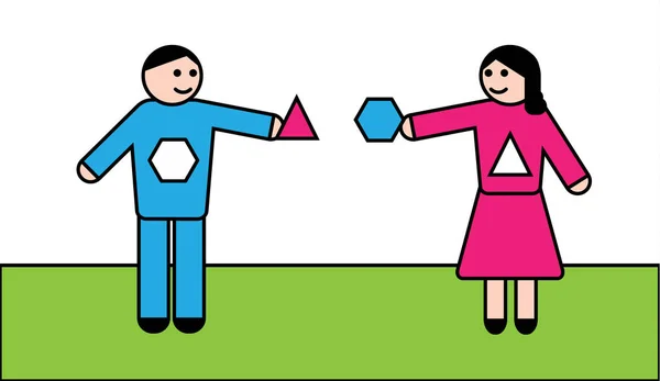 Erkek ve kadın birbirinizi tamamlamak için elinde her bir parça ile