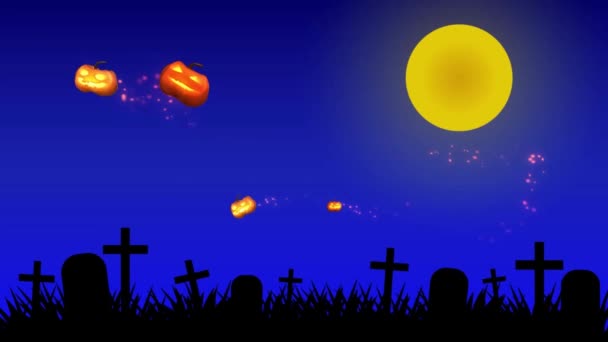 Nachtfriedhof Hintergrund mit animierten Halloween-Kürbissen — Stockvideo