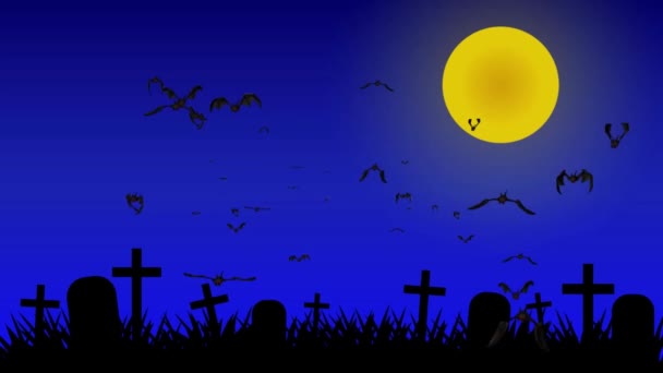 Tło cmentarza nocnego z animowanymi nietoperzami — Wideo stockowe