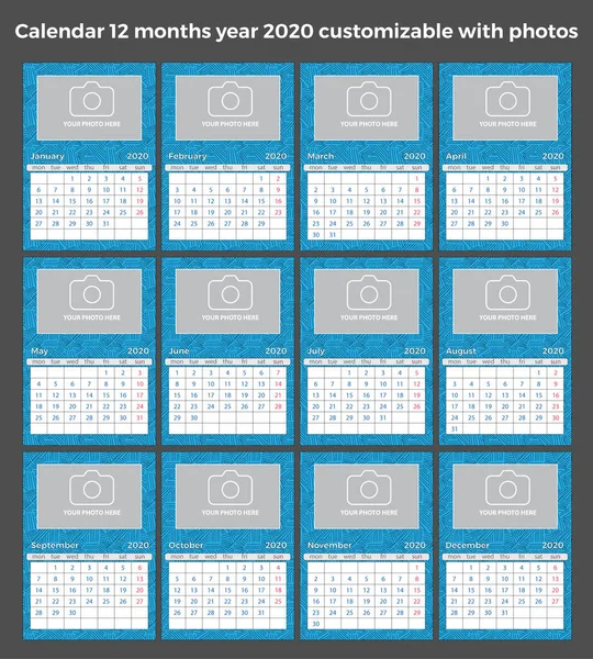 Kalender Monate Jahr 2020 Anpassbar Mit Text Fotos Und Farben — Stockvektor