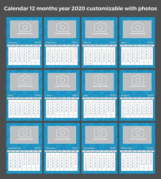 Takvim 12 ay 2020 metin, fotoğraf ve renklerle özelleştirilebilir