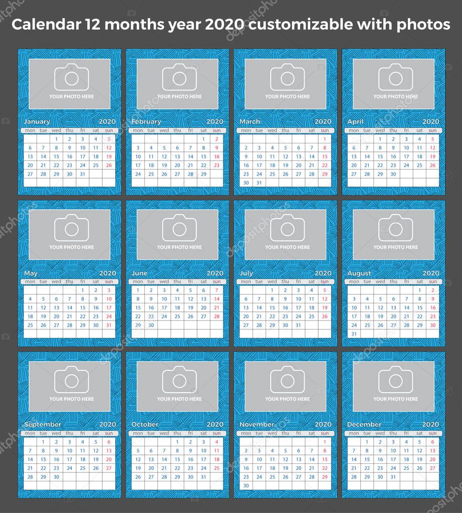 Calendar 12 months year 2020 customizable with text, photos, and colors