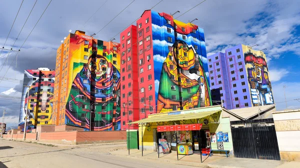 Colorful Towers Condominio Wiphala Painted Bolivian Artist Roberto Mamani Mamani — Stock Photo, Image