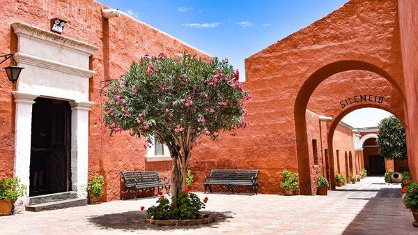 Arequipa, Peru - October 7, 2018: Interior courtyards of the Monastery of Santa Catalina de Siena, a UNESCO world heritage site