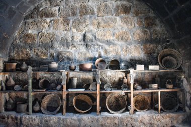 Arequipa, Peru - October 7, 2018: Kitchen with pots, pans and utensils within the Santa Catalina Monastery clipart
