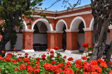 Arequipa, Peru - 7 Ekim 2018: Renkli archways ve Santa Catalina Manastırı çiçek bahçelerinde