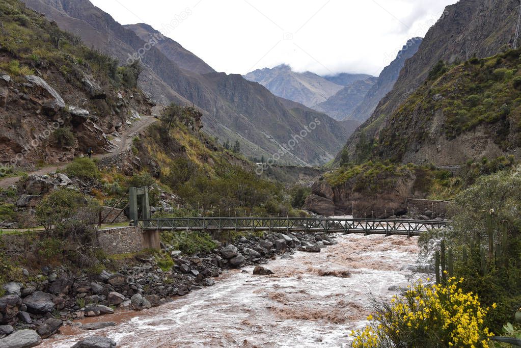 Bridge across the Urubamba river at the start point of the Inca Trail, Peru