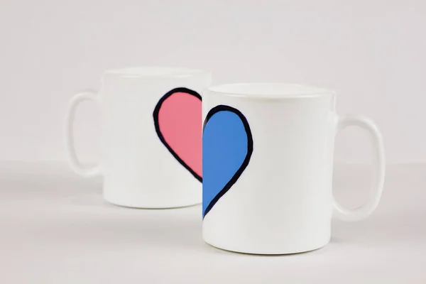 Pink Blue Heart Two White Cups White Background Valentine Day — Stock Photo, Image