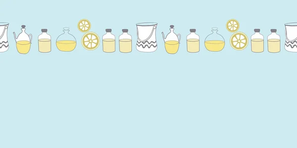 瓶的油花瓶和柠檬温泉在该国 水平边框无缝重复模式 矢量模式背景 蓝色黄灰色和绿色的表面图案设计 完美的面料 剪贴簿 — 图库矢量图片