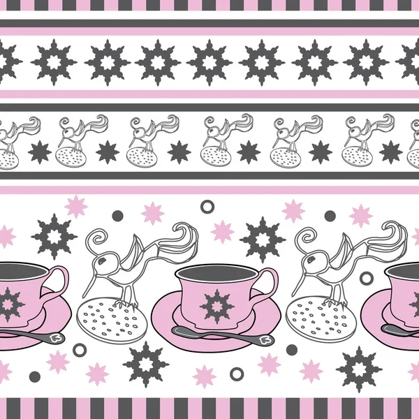 Vögel Sterne Streifen Tassen Garten Tee Party — Stockvektor