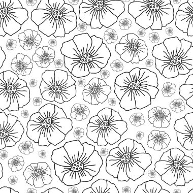 Satır haşhaş illüstrasyon tek renkli Flowers.Seamless tekrar desen arka plan siyah ve White.Delicate desen arka plan. Kumaş, karalama defteri, duvar kağıdı için desen tasarım, mükemmel yüzey.