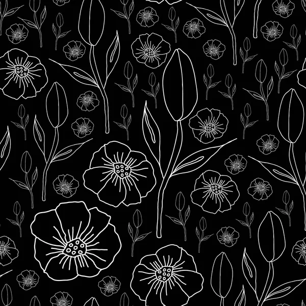 Coquelicots Tulipes Sur Fond Noir Fleurs Monochromes Motif Répétition Sans — Image vectorielle