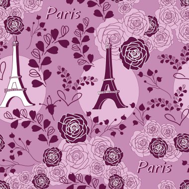 Eiffel güllerinin-aşık Parise Seamless yineleme modeli. Pembe ve mor renklerde arka plan illüstrasyon Eyfel Kulesi ve gül ile. Hassas desen arka plan. Kumaş, karalama defteri, duvar kağıdı için desen tasarım, mükemmel yüzey.