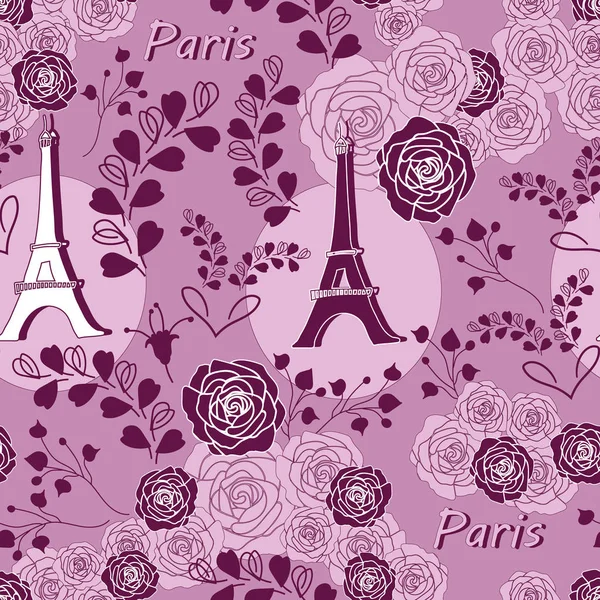 エッフェル塔にバラ 恋パリス シームレスな繰り返しパターン ピンクと紫の色のエッフェル塔やバラ背景イラスト 繊細なパターンの背景 ファブリック スクラップ ブック 壁紙の表面のパターン設計 完璧な ベクターグラフィックス