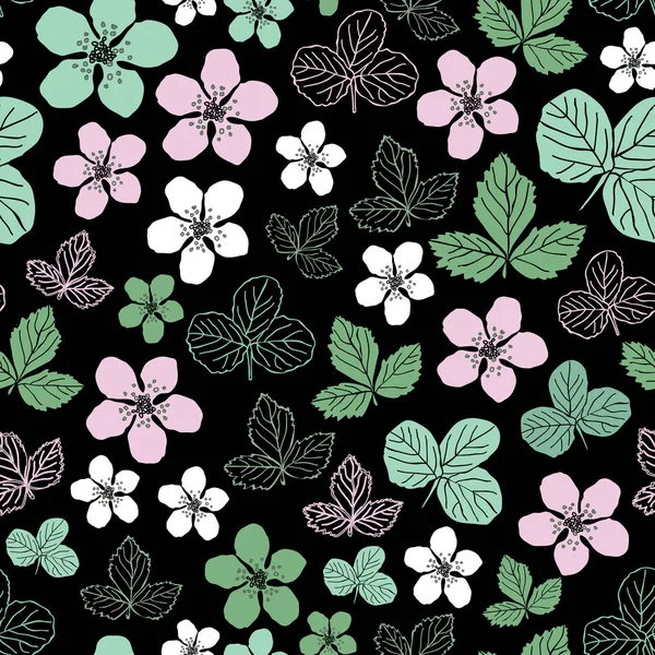 デューベリーの花 花満開 シームレスなパターンを繰り返し カラフルなパターンの背景 表面の繰り返すピンク グリーン黒地に白のパターン デザインが ファブリック スクラップ ブックに最適 ロイヤリティフリーのストックイラスト