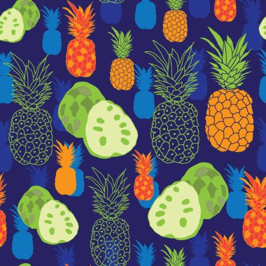 Ananas ve Anona-meyve zevk. Ananas ve Anona bir Modern desen çizimi. sorunsuz tekrar desen illüstrasyon. Arka plan mavi, turuncu yeşil, kırmızı. Eğlenceli desen arka plan. Yüzey