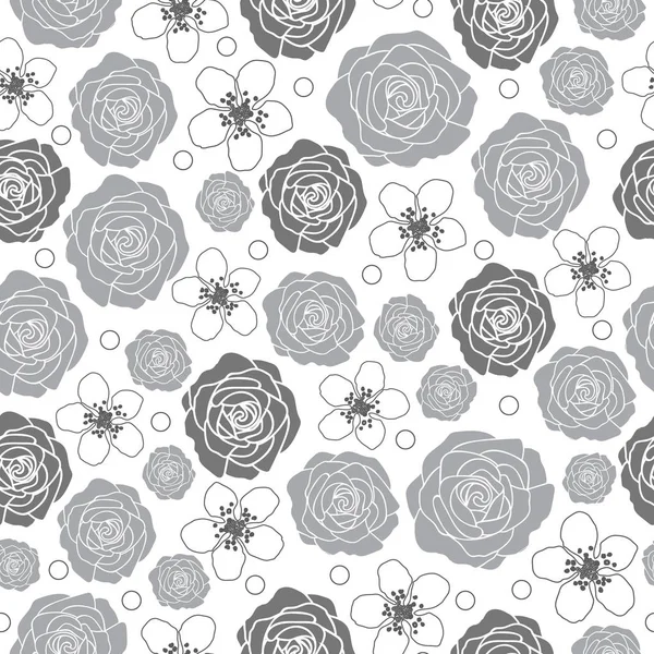 Roses and Dewberry-Flowers in Bloom motif répété sans couture Arrière-plan en noir gris et blanc — Image vectorielle
