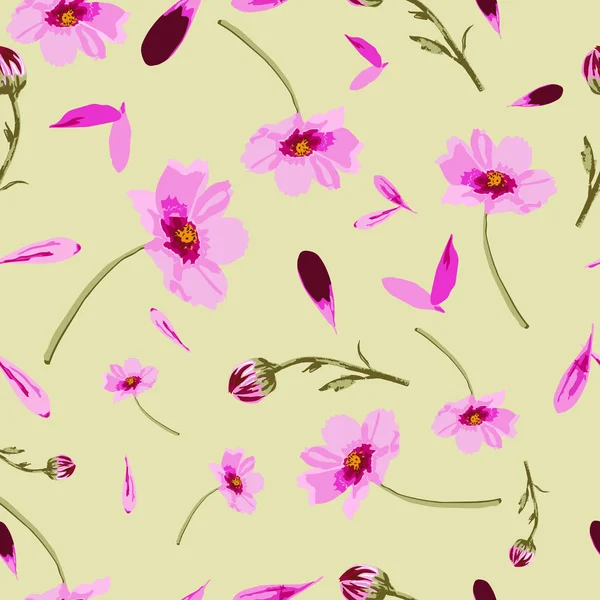 Cosmos Flowers on Yellow Background-Flowers in Bloom, seamless repeat pattern. Clasic Colourful Floral Pattern. Surface Repeat Pattern Design in Pink Green and Yellow . Perfect for Fabric, Scrap book,