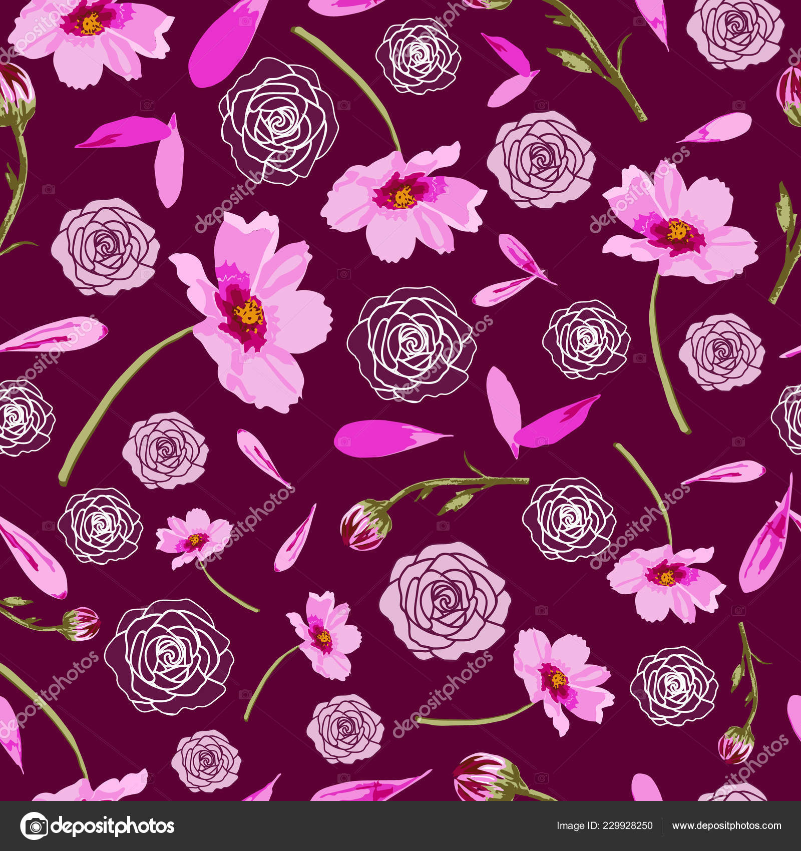 wallpapers Roses Vector Stock Background Flower https depositphotos com 229928250 stock illustration cosmos flowers roses maroon background html