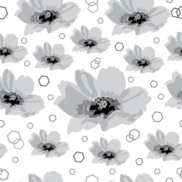 Cosmos Field-Fleurs en fleurs motif répétition sans couture Arrière-plan en noir et blanc — Image vectorielle