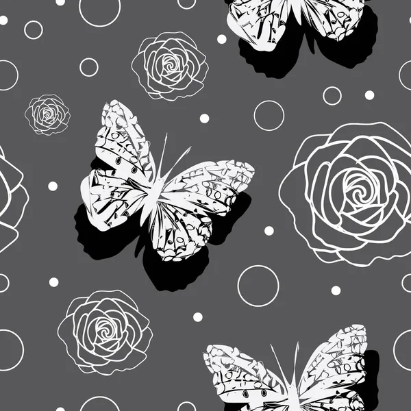蝶とバラ蝶庭 シームレスな繰り返しパターン ブラック グレーと白の背景 モダンな柄のバック グラウンド ファブリック スクラップ ブック 壁紙の表面のパターン設計 — ストックベクタ