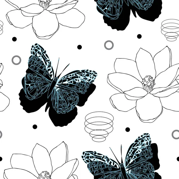 Kelebekler Manolya Çiçek Kelebek Bahçe Dikişsiz Desen Petlol Mavi Siyah — Stok Vektör