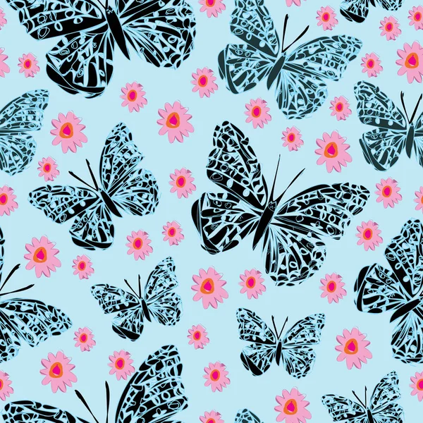蝶とガーベラ バタフライ ガーデン シームレスなブルー ガソリン ブラック ピンクのパターンを繰り返します ロマンチックなパターン背景 ファブリック スクラップ — ストックベクタ